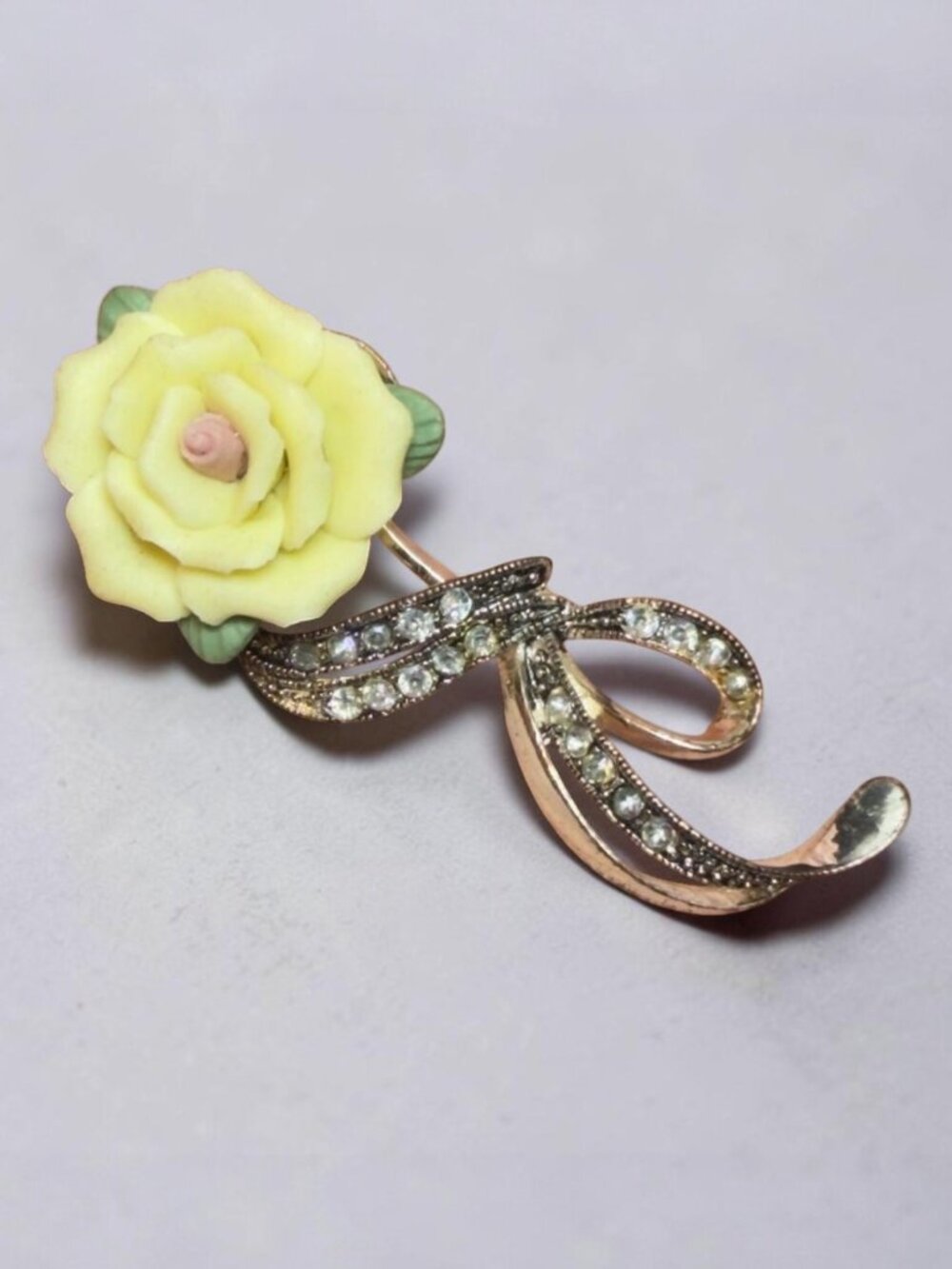 Porcelain Yellow Rose Vintage Avon Brooch Silver Tone 2”